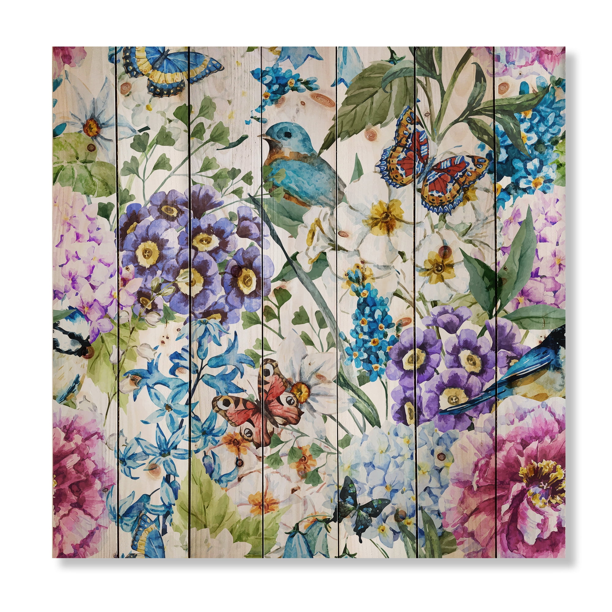 Designart 'Wildflowers and Vibrant Wild Spring Leaves XII' Modern Print on Natural Pine Wood