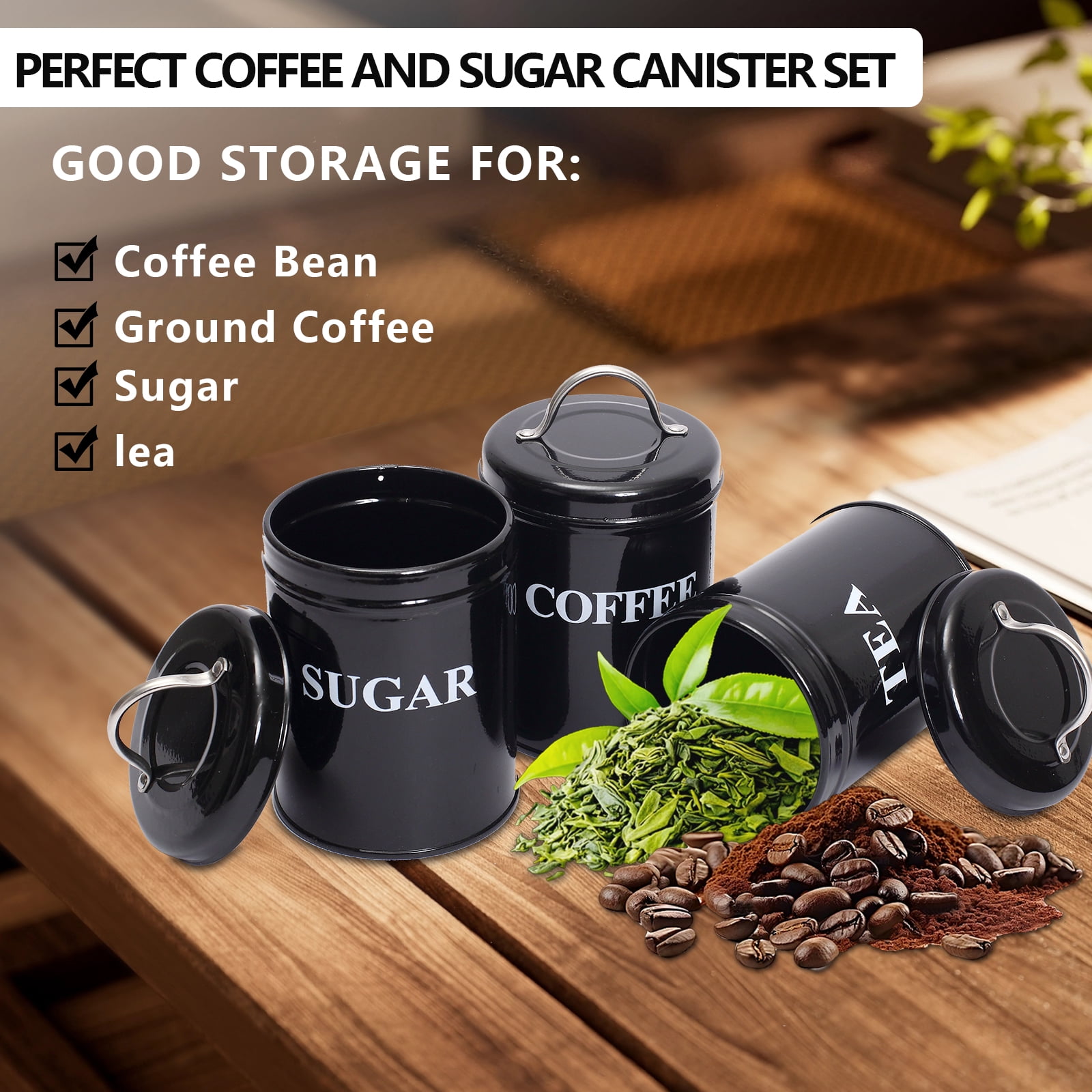 Pethiy Coffee Container Set, 3Pcs Black Metal Airtight Canisters with Lids & Serving Tray, Sealed Storage Jars for Coffee, Tea & Sugar, Kitchen Countertop Organization