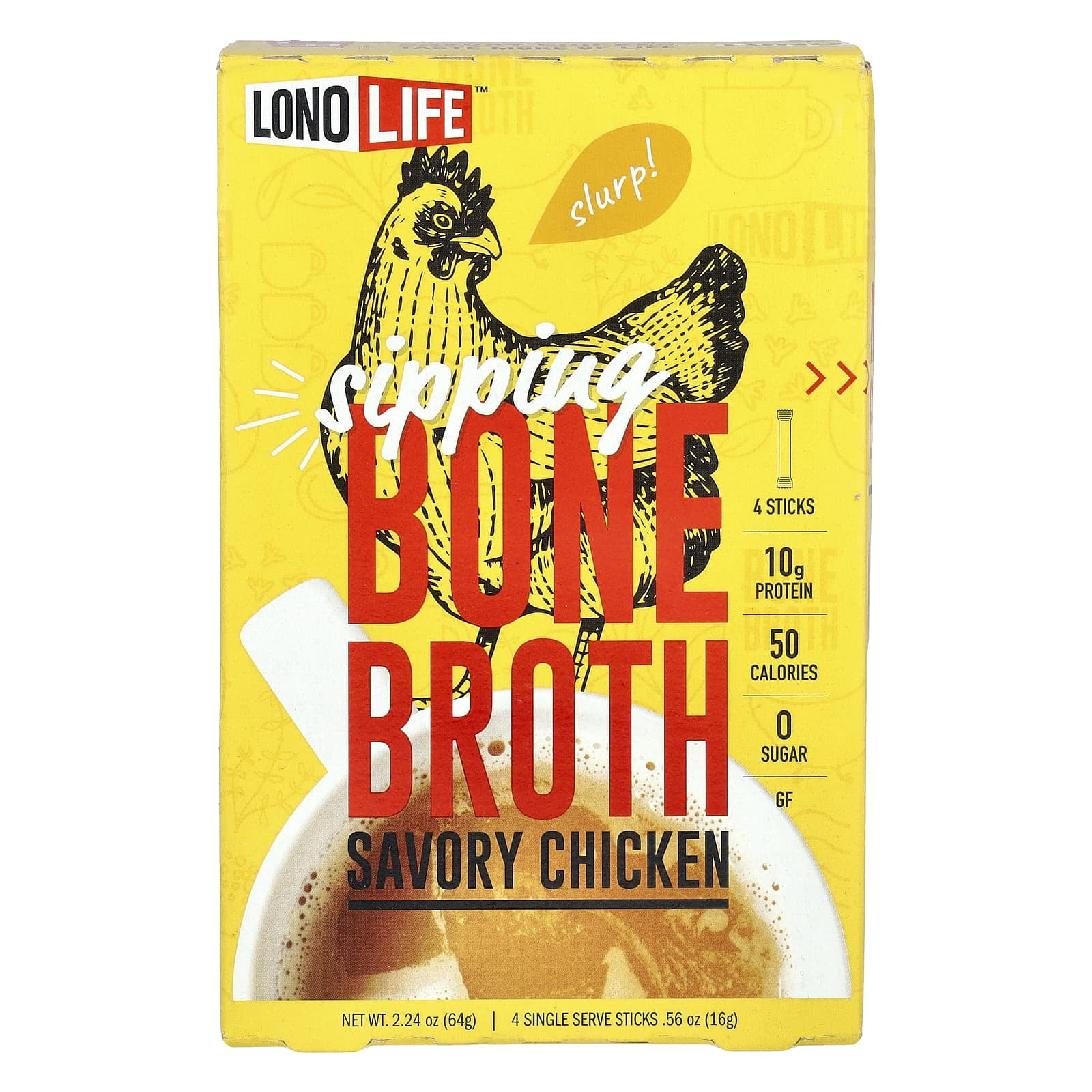 Lonolife, Broth, Chicken Bone, Paleo, 4 Stick Packs, .56 oz Pack of 3