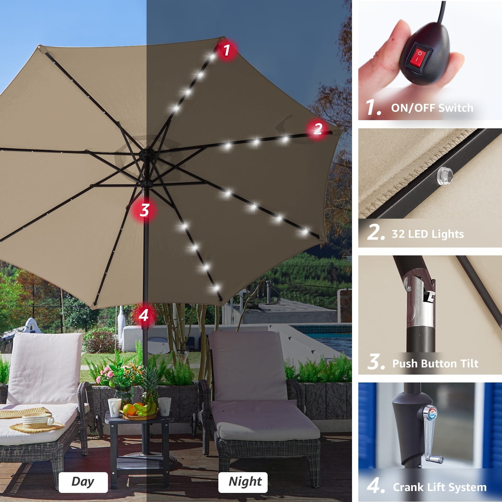 JUSTLET 9' Outdoor Patio Market Solar Umbrella w/ LED Lights, Beige