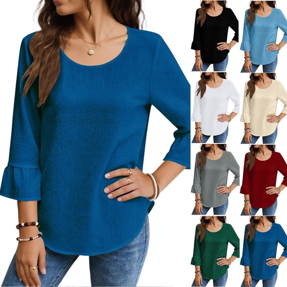 Bixock Women's 3/4 Sleeve Tops,Casual Crew Neck Tops,Casual Loose Fashion Solid Color Ruffled Linen T-shirts
