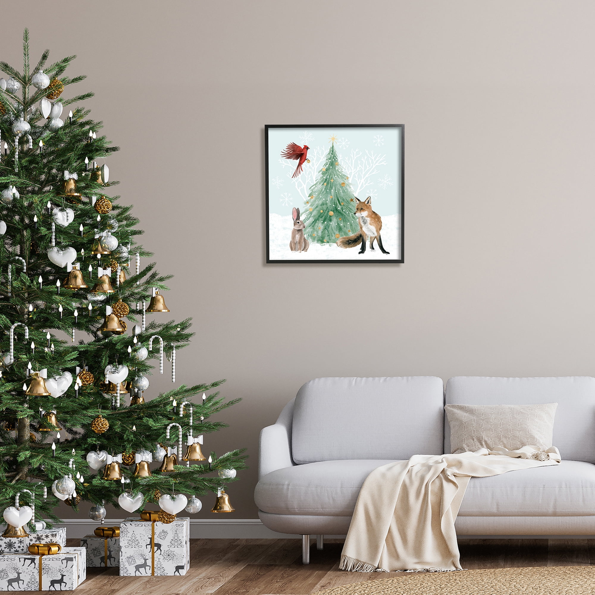 Wintery Wildlife Decorated Christmas Tree Snowflakes Animals & Insects Painting Framed Art Print Wall Art