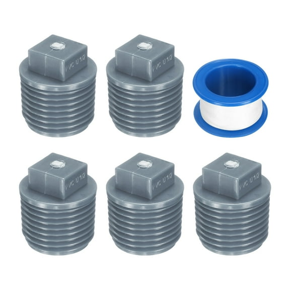 10Pack 1/2 Inch PT Male Thread Pipe Fitting Plug, Cleanout Plugs, Water Drain End Caps Coupling Adapter with Tape for Water Heater Supply Lines, Plumbing, Gray