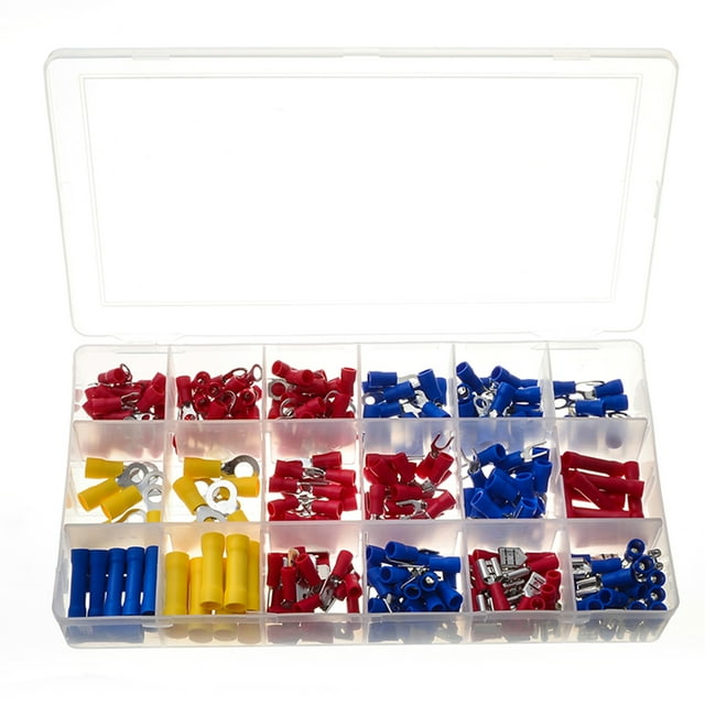 300 terminales eléctricos aislados macho-hembra - Juego de 300 piezas en caja transparente - Conexiones resistentes al agua y alta conductividad - Incluye terminales rojos, azules y amarillos - Ideal