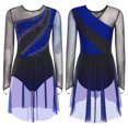 thumbnail image 5 of iiniim Women's Color Block Lyrical Dance Dress Long Sleeve Rhinestone Figure Skating Ballet Dancewear Royal Blue L, 5 of 7