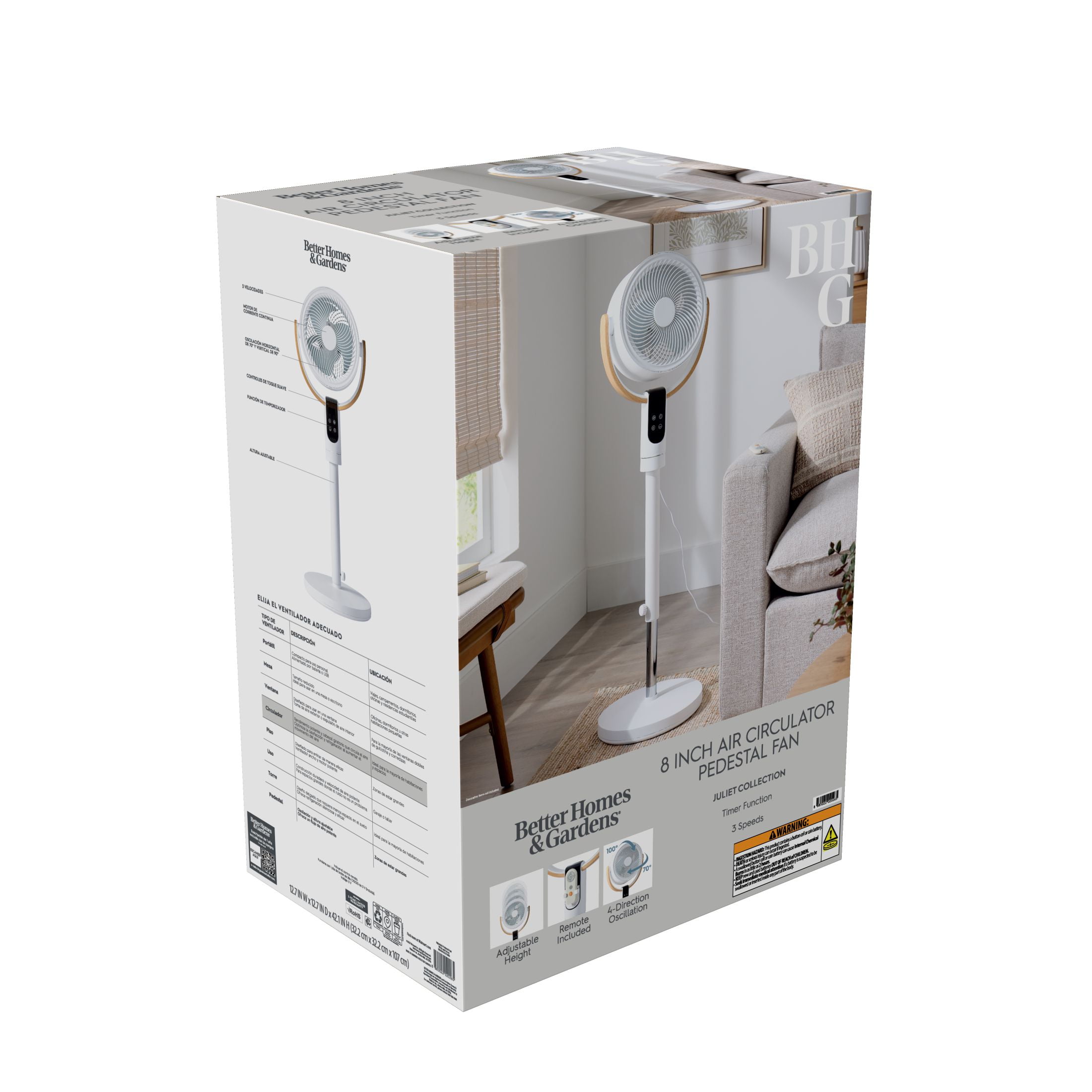 Better Homes & Gardens 8 Inch Air Circulator Pedestal Fan, Juliet Collection, White and Light Honey