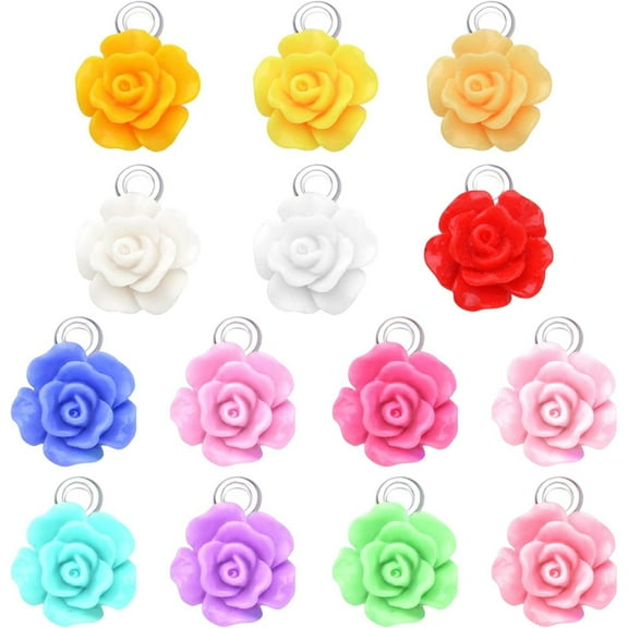 50pcs 10 mm Mixed Colors Resin Rose Flower Pendant Charms Lovely Flower Bead Charms Jewelry Making Accessories for DIY Craft Earrings Necklace Bracelet Birthday Party Favor Gifts