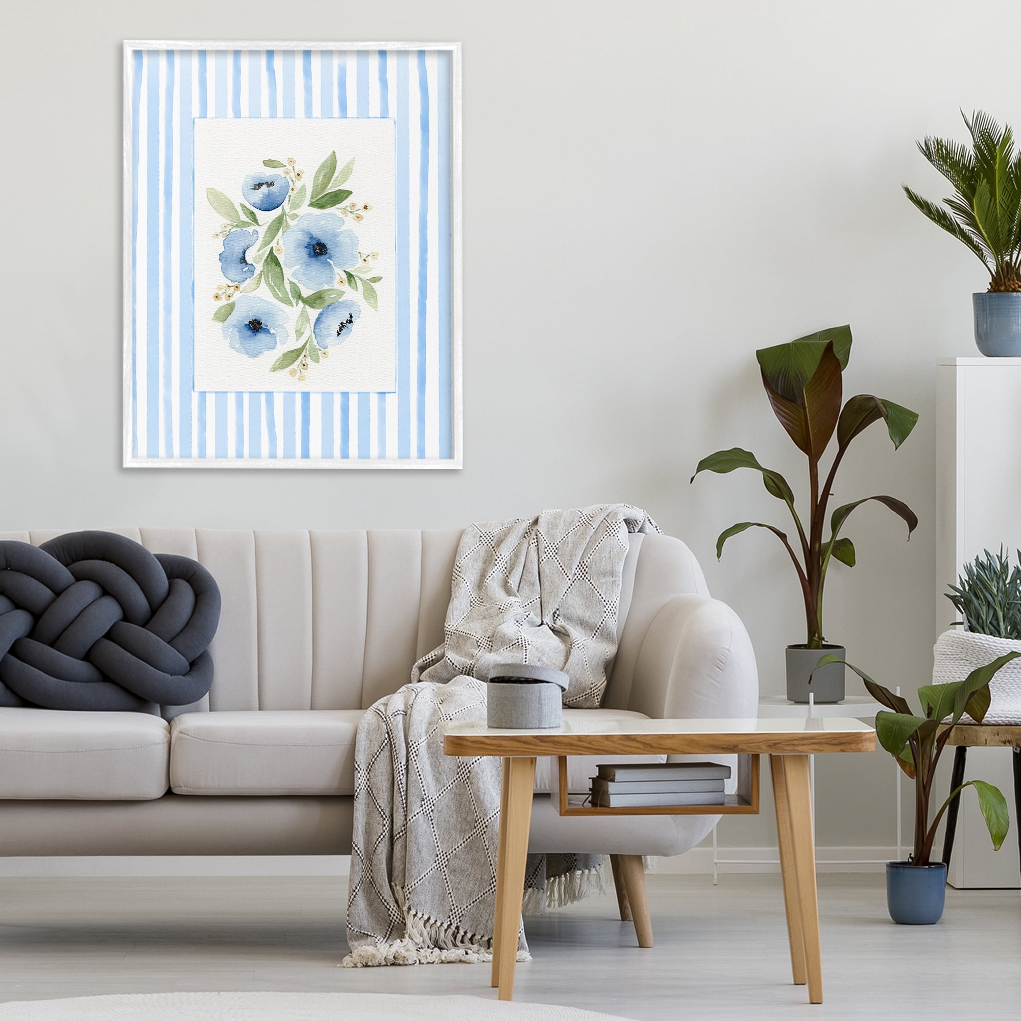 Stupell Industries Flowers With Stripe Border White Framed Giclee Art, design by Leah Noel Art