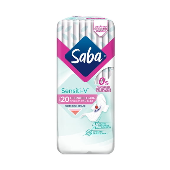 Toallas femeninas Saba Sensiti-V ultradelgada con alas flujo abundante 20 pzas