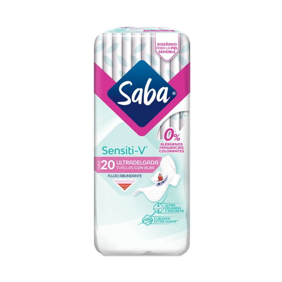 Toallas femeninas Saba Sensiti-V ultradelgada con alas flujo abundante 20 pzas