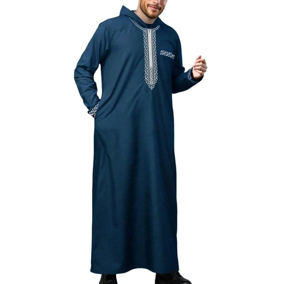 Hpapadks Men's Shirts Middle Arab Long Sleeve Hooded Zipper Abaya Solid Loose Men Dress Shirt Blue L