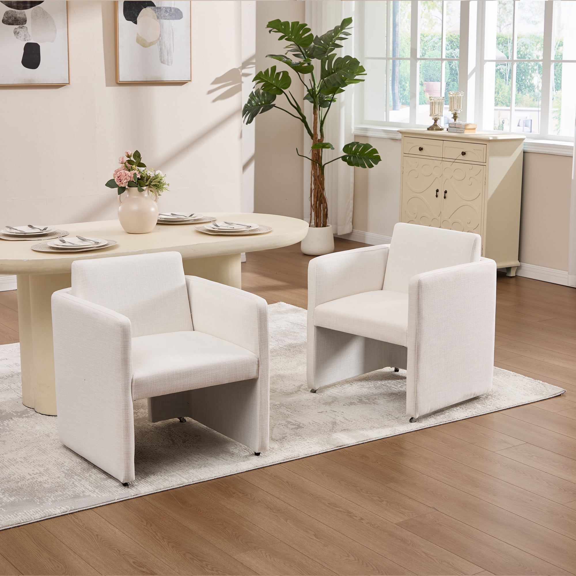 Leumius Modern Barrel Dining Chair, Accent Kitchen Chair with Arms Comfy Linen Fabric, Side Chair for Living Room Home Office Reception, Cream