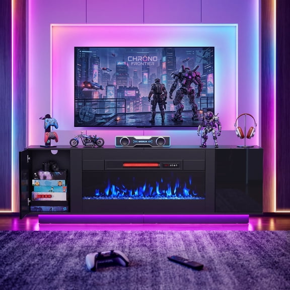 Pinmoco 70" Fireplace TV Stand for TVs Up to 80" with 36" Electric Fireplace, LED Entertainment Center with Cabinet for Living Room, Black