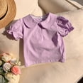 thumbnail image 4 of LNMQLPDBS Toddler Girl Short Sleeve Ruffle Edge Clollared T-Shirts Cute Puff Sleeve Pleated Front Tops Summer Blouse for Beach Party Vacation, 4 of 9