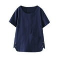 thumbnail image 3 of MRULIC t shirts for women Women Casual Solid Linen Button Short Sleeve Pocket Shirt Blouse Loose Top Womens t shirts Navy Blue + XL, 3 of 7