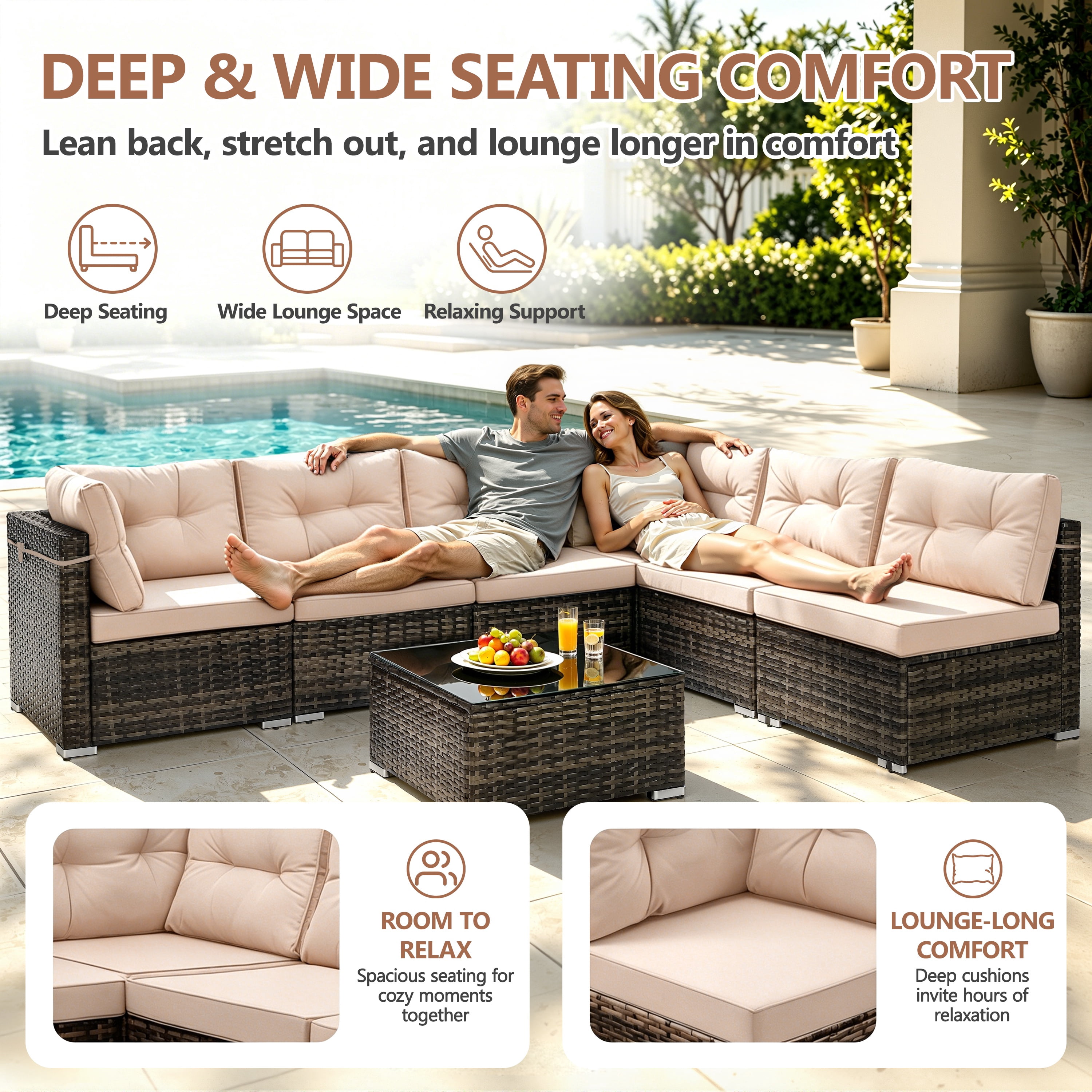 Patio Outdoor Furniture Sets, 7 Pieces All-Weather Rattan Sectional Sofa with Tea Table & Cushions, PE Rattan Wicker Sofa Couch Conversation Set for Garden Backyard Poolside