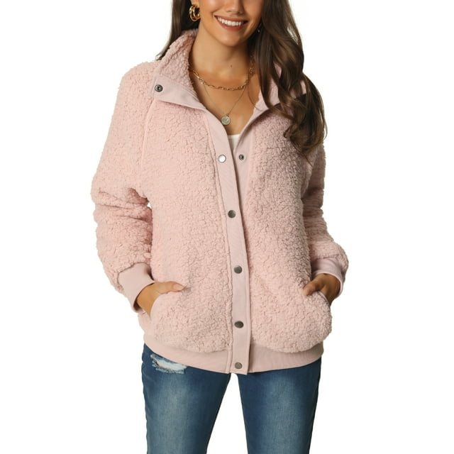 Abrigo casual de mujer de felpa esponjosa con dos bolsillos y cierre de botones de manga larga en color rosa