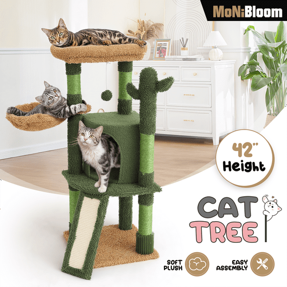 MoNiBloom Cat Tower Cactus, 42 Inches Cat Tree with Sisal Scratching Posts, Cozy Hammock and Bed Perch and Condo for Kittens, Green