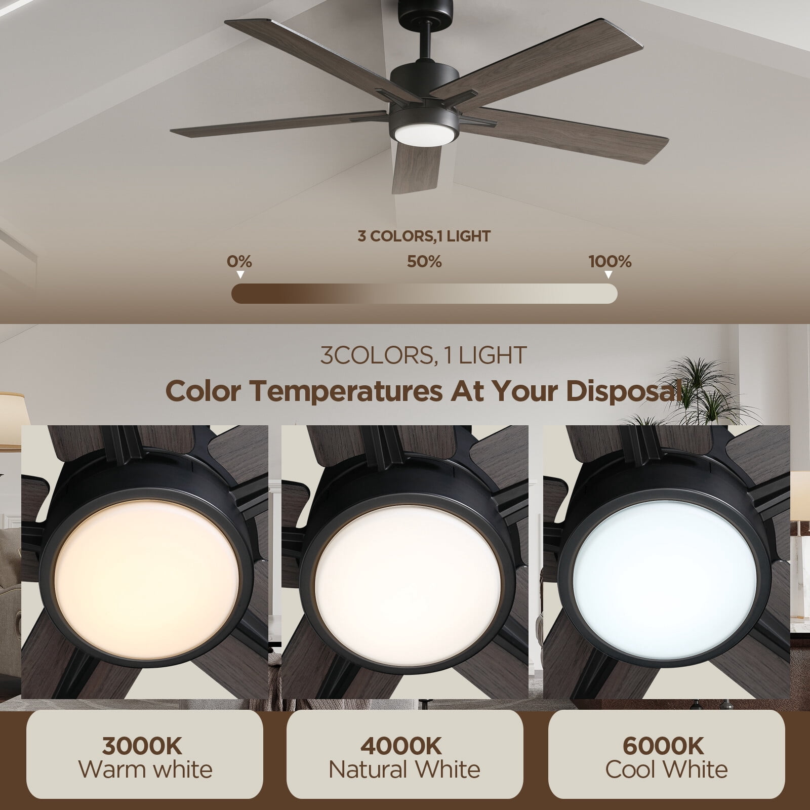 Vagizm Ceiling Fan with Light Remote: 52 inch Modern Bedroom Fans with Dimmable Tri-Color Temperature LED - Quiet Reversible DC Motor - Indoor Outdoor