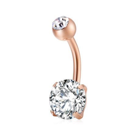 1pc Piercing Jewelry Brass Cubic Zirconia Navel Ring Belly Rings with 304 Stainless Steel Bar Lead Free & Cadmium Free Flat Round Rose Gold Clear 21x8mm Bar: 15 Gauge(1.5mm) Bar Length: 3/8"(10mm)