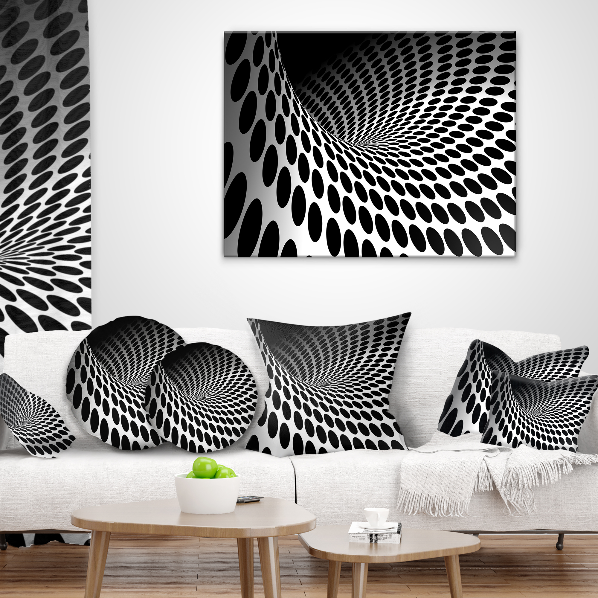 Designart Waves and Circles Black n’ White - Contemporary Throw Pillow - 16x16