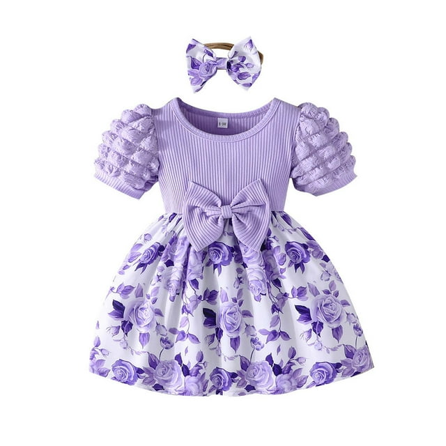 Toddler Girls Dresses Floral With Bow Headscarf Spring Summer Two Piece Set Dress Robe Fille Size 18-24 Months
