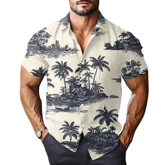 Mens Hawaiian Shirt Summer Beach Tropical Vacation Print Aloha Shirt Casual Short Sleeve Button Down Shirt White L