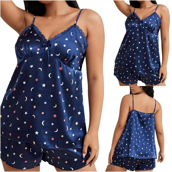 Xysaqa Women's Plus Size Sleepwear Cute Print Cami Top and Shorts Satin Pajama Sets 3X 4X 5X Blue Xl