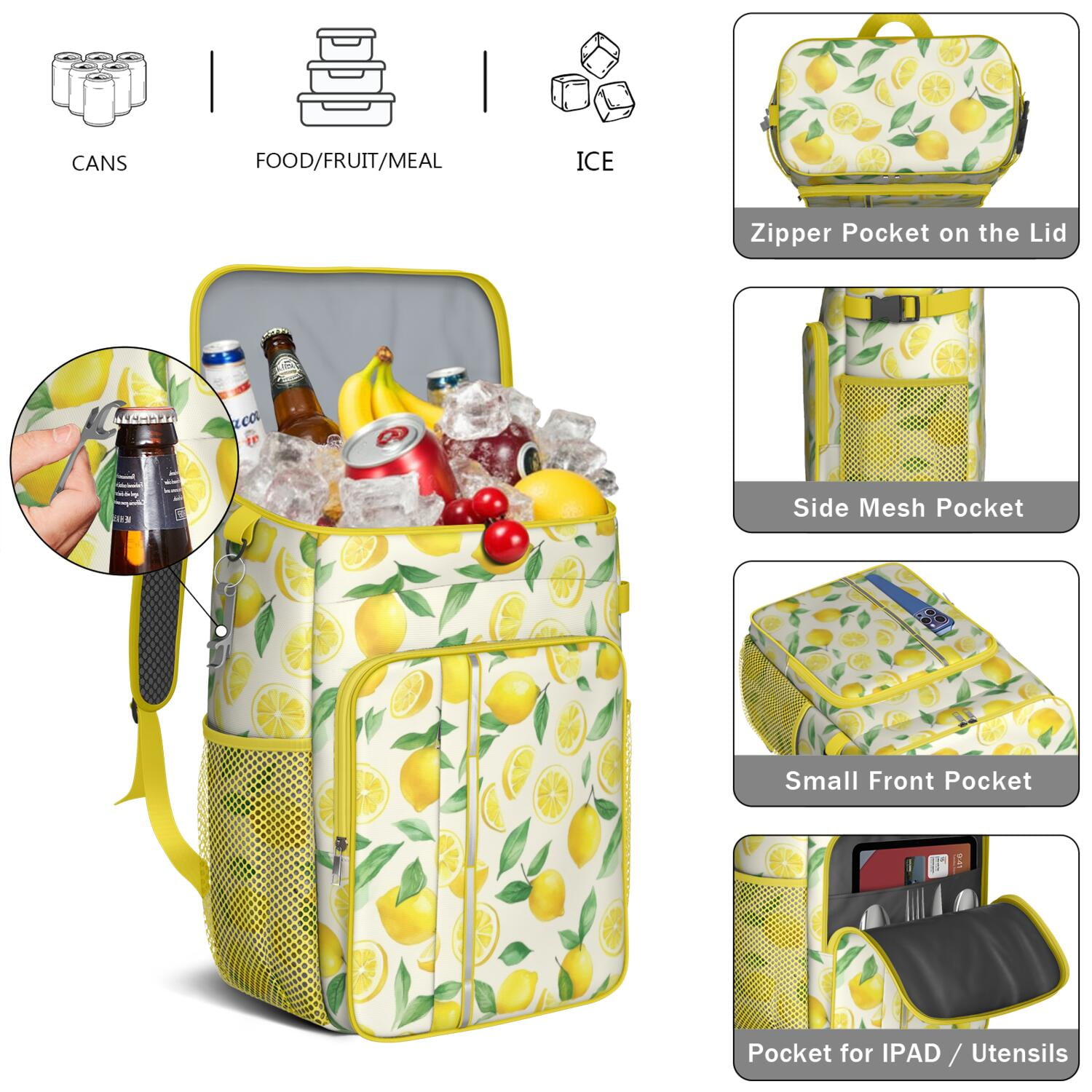 Travel Cooler Bag - Lemon Camping Beer Cooler Backpack with Bottle Opener- Waterproof Insulated Picnic Backpacks - Cooler Bag for Beach
