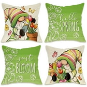 Fahrendom Hello Spring Gnome YPF5 Decorative Throw Pillow 18 x 18 Set of 4, Just Bloom Tulip Flower Green Porch Patio Outdoor Pillowcase, Floral Pot Butterfly Seasonal Cushion Case Home Decor