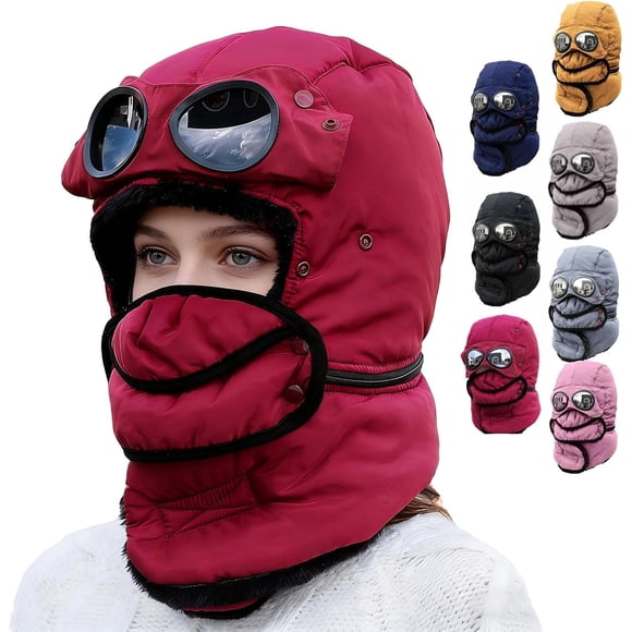 Chapeau Thermique d'Hiver avec Lunettes, Chapeau de Pilote d'Hiver, Bonnet avec Lunettes, Masque de Ski Coupe-Vent pour Cyclisme
