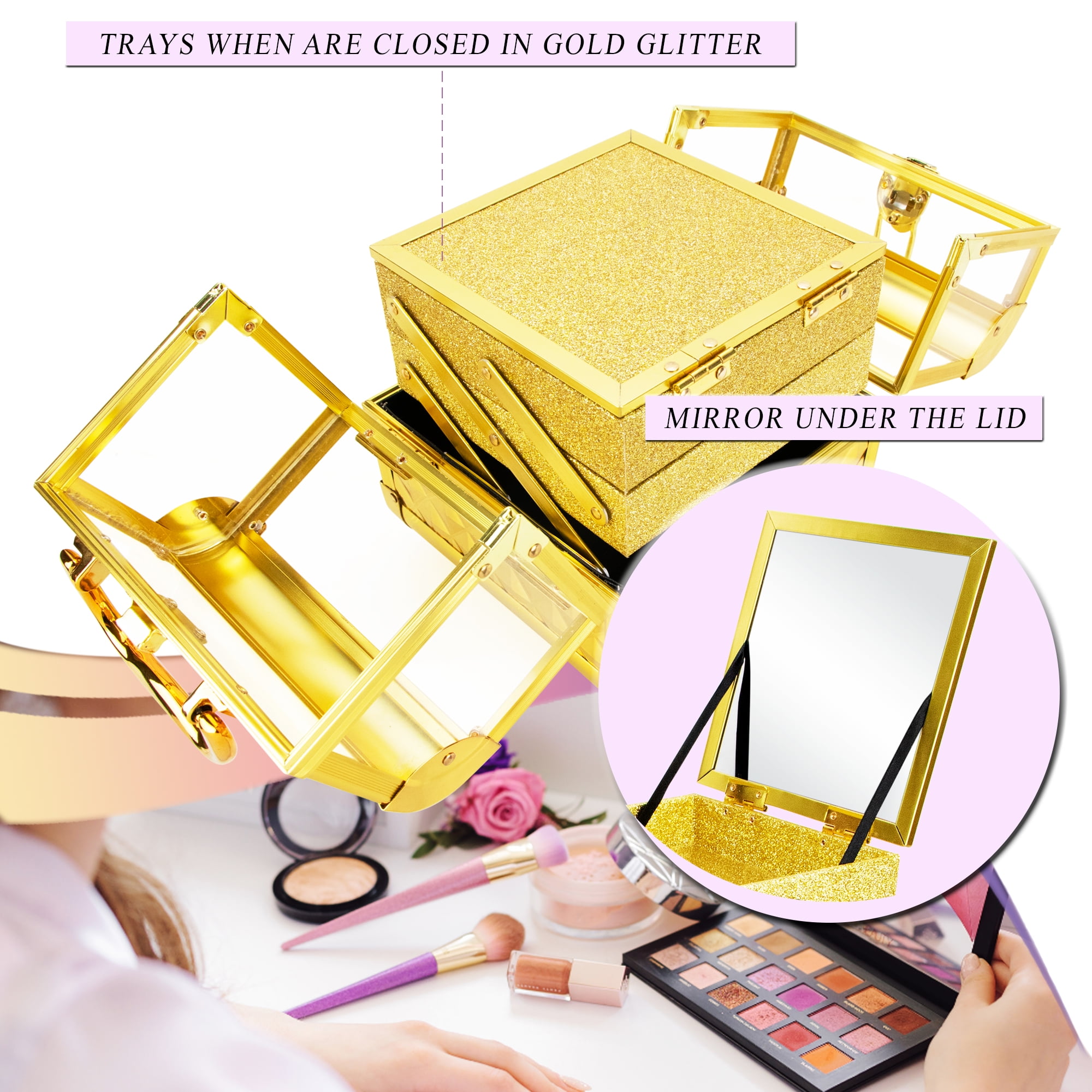 Acrylic Case Professional Makeup Artist Train Case Organizer Makeup Box  Storage in Rose Gold by Ver Beauty-VK00585
