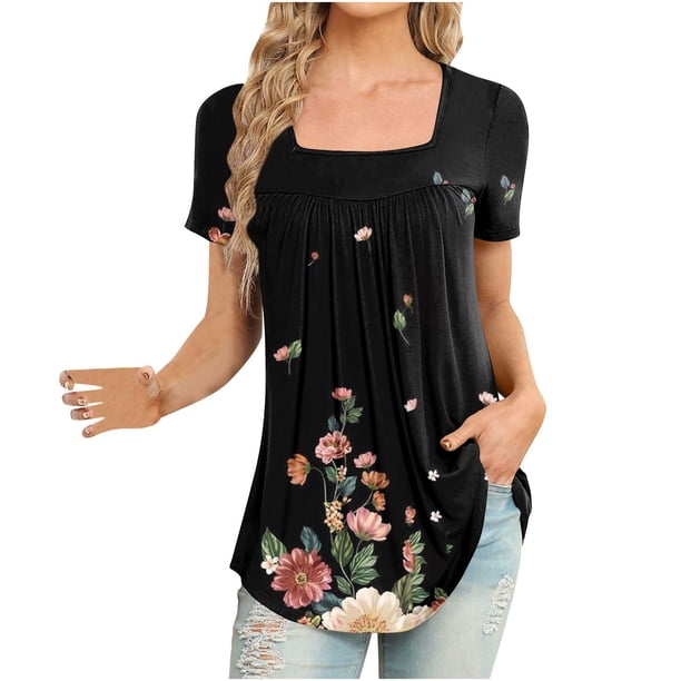 Blusa suelta de manga corta con cuello en V informal estampada a la moda para mujer OAVQHLG3B Store lin121212