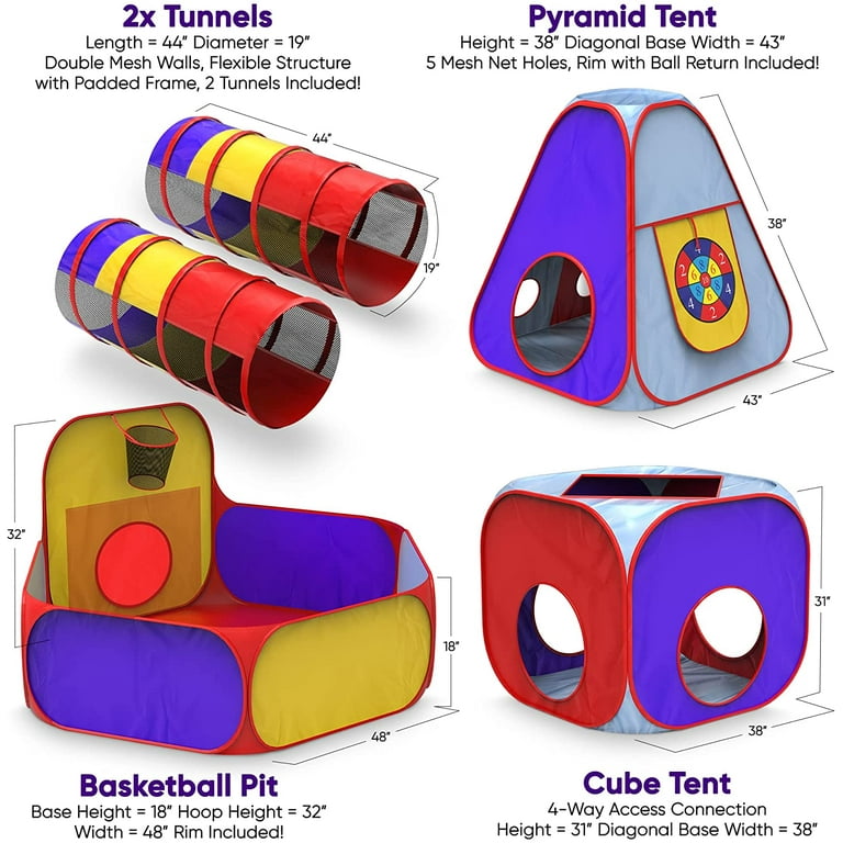  Playz 5-Piece Kids Pop up Play Tent Crawl Tunnel and Ball Pit  with Basketball Hoop Playhouse for Boys, Girls, Babies, and Toddlers  (Purple, Orange, Yellow, Red, Blue) : Toys & Games