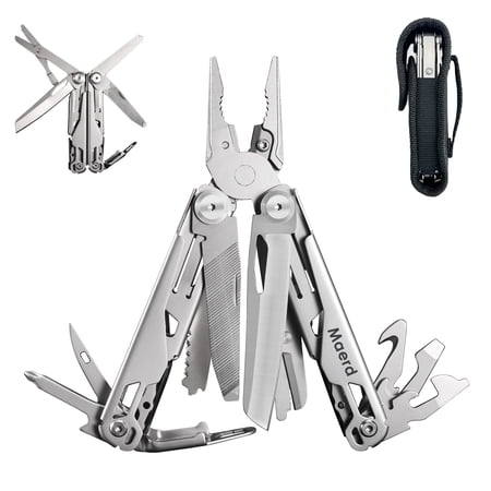 Maerd P11 Multitool 19in1 Premium Hard Stainless Steel Multi tools Foldable Self-Locking Outdoorsman Survival Camping EDC Multitools Knife First Aid Scissors Sturdy Spring Pliers Hexagon Wrench