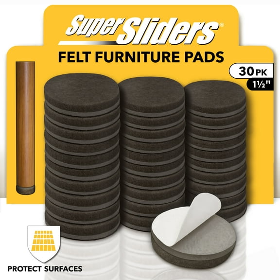 Super Sliders 1 1/2" Round Self Stick Felt Furniture Pad for Hardwood Brown, 30 pack