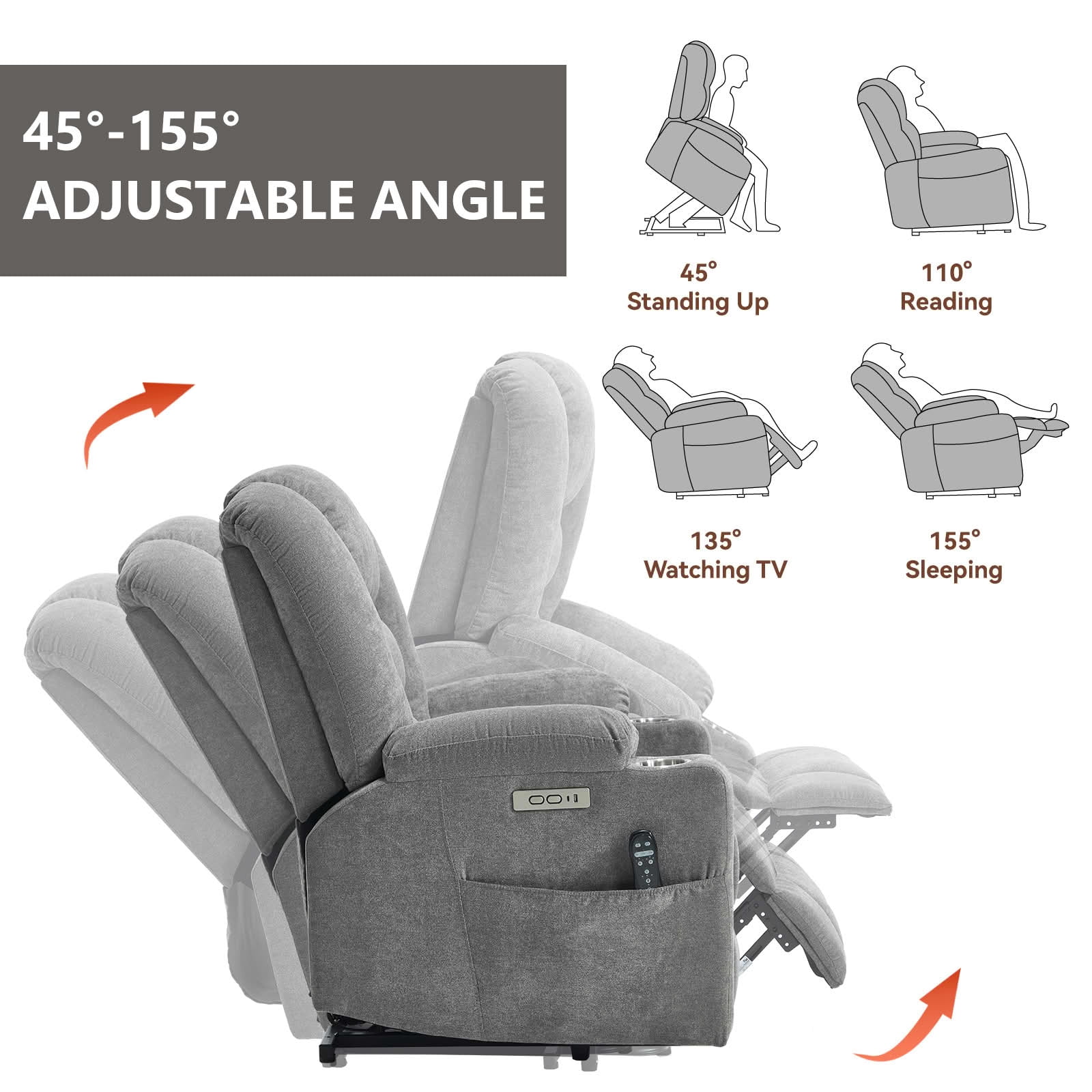 MAYEERTY Light Gray Chenille 350lbs Power Lift Recliner, Massage Heat USB-C 34"x39"x42" Wide Overstuffed for Elderly