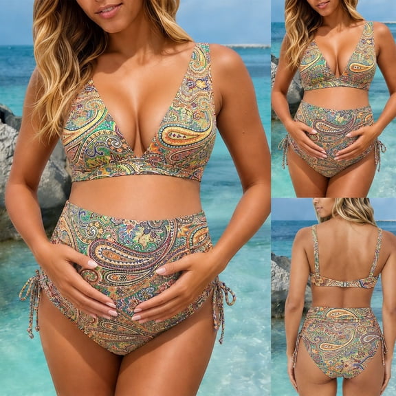 Gyujnb Maternity Two Piece Bikini Set Paisley Print High Waist Tie Side V Neck Pregnancy Bathing Suit,S