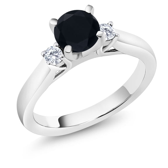 Gem Stone King 925 Sterling Silver Black Onyx and White Lab Grown Diamond 3-Stone Engagement Ring for Women (0.93 Cttw, Round 6MM, Gemstone December Birthstone, Size 9)