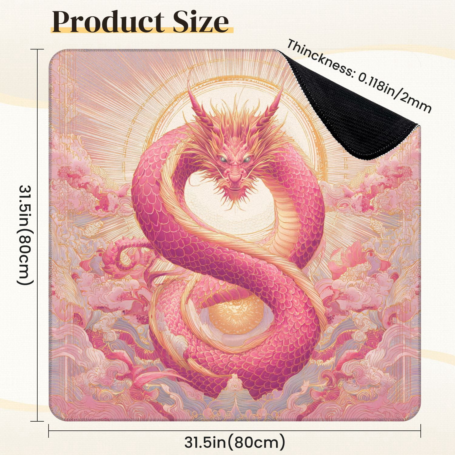 Chinoiserie Mahjong Mat 31.5" x 31.5" Regal Chinese Dragon Pink Gold Scales Clouds Non-Slip Noise Reduction Mahjong Tiles Table Cover for Dominoes Poker Card Board and Tile Games
