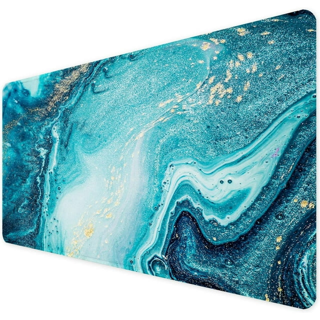 Mouse Pad with Stitched Edge Premium Textured Smooth Precise Operation Washable Non-Slip Rubber Base Desktop Protection Desk Mat, 35.4 x 15.7 inches, Blue Marble Gold