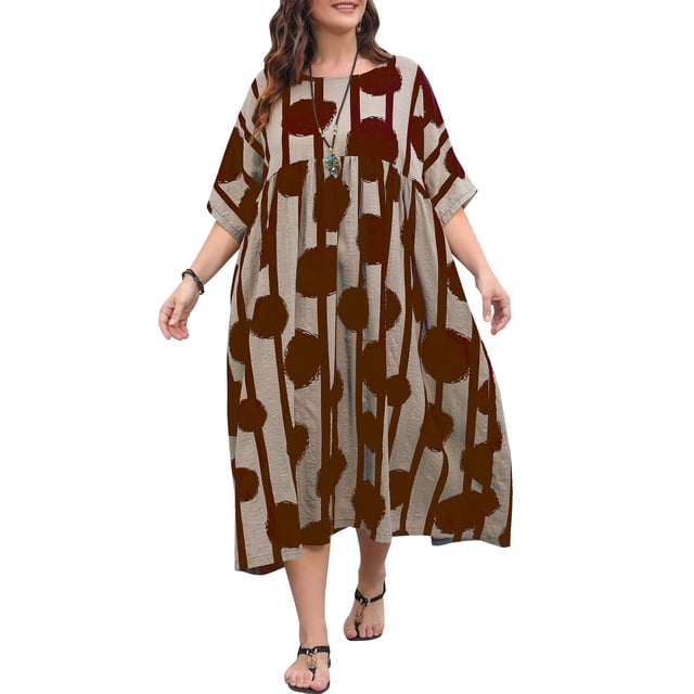 Vestido de mujer O-cuello Mangas cortas Bolsillos Estampado floral Dobladillo plisado Tallas gr CACAGOO Vestido