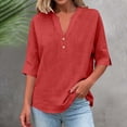 thumbnail image 2 of Xijirk Women's Notched V‑Neck Half Button Blouse, 3/4 Sleeve Loose Fit Casual Everyday Shirt,L, 2 of 4
