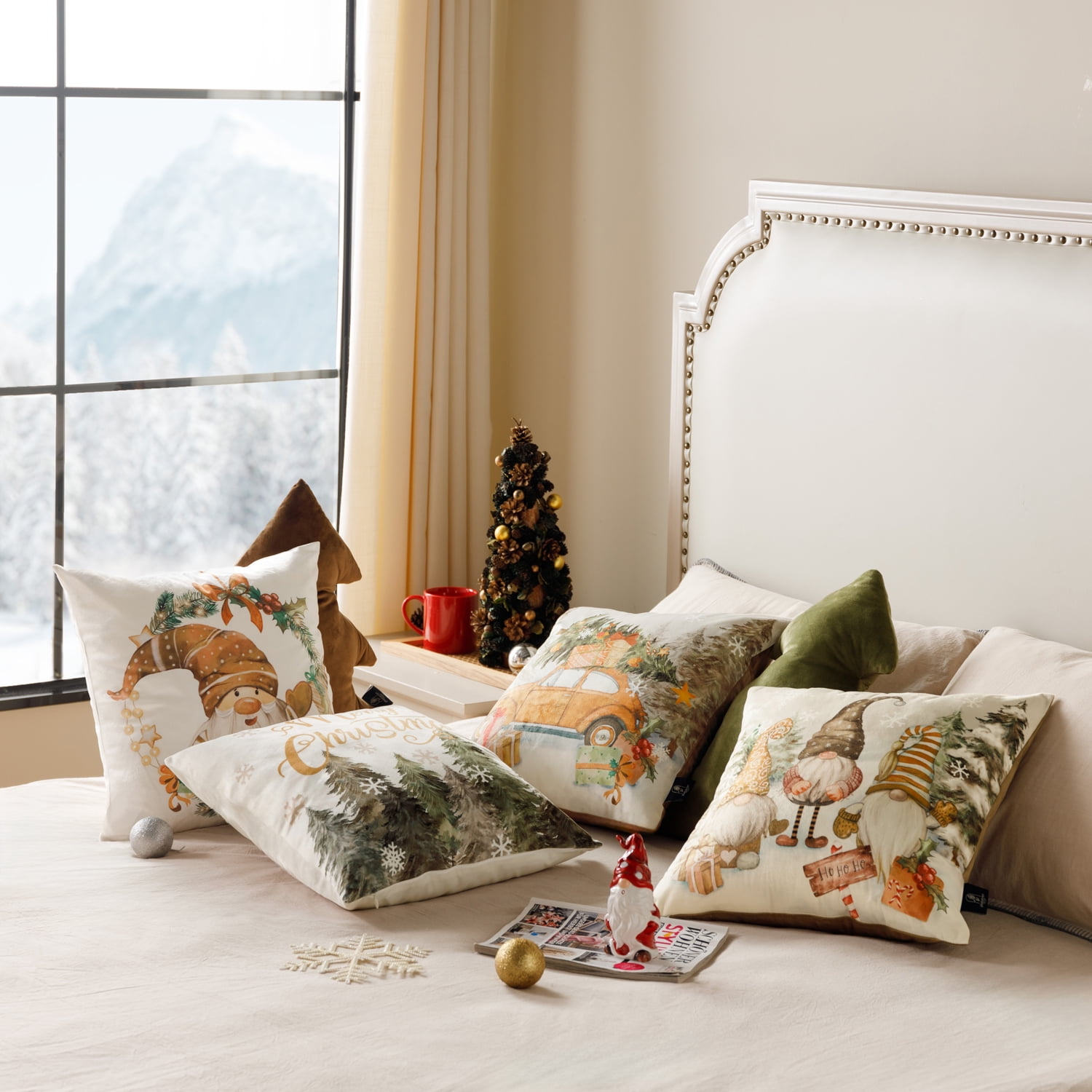 Christmas Santa Claus Decorative Pillows, Velvet Printed Christmas Tree and Car, 18" x 18", Beige, Set of 4