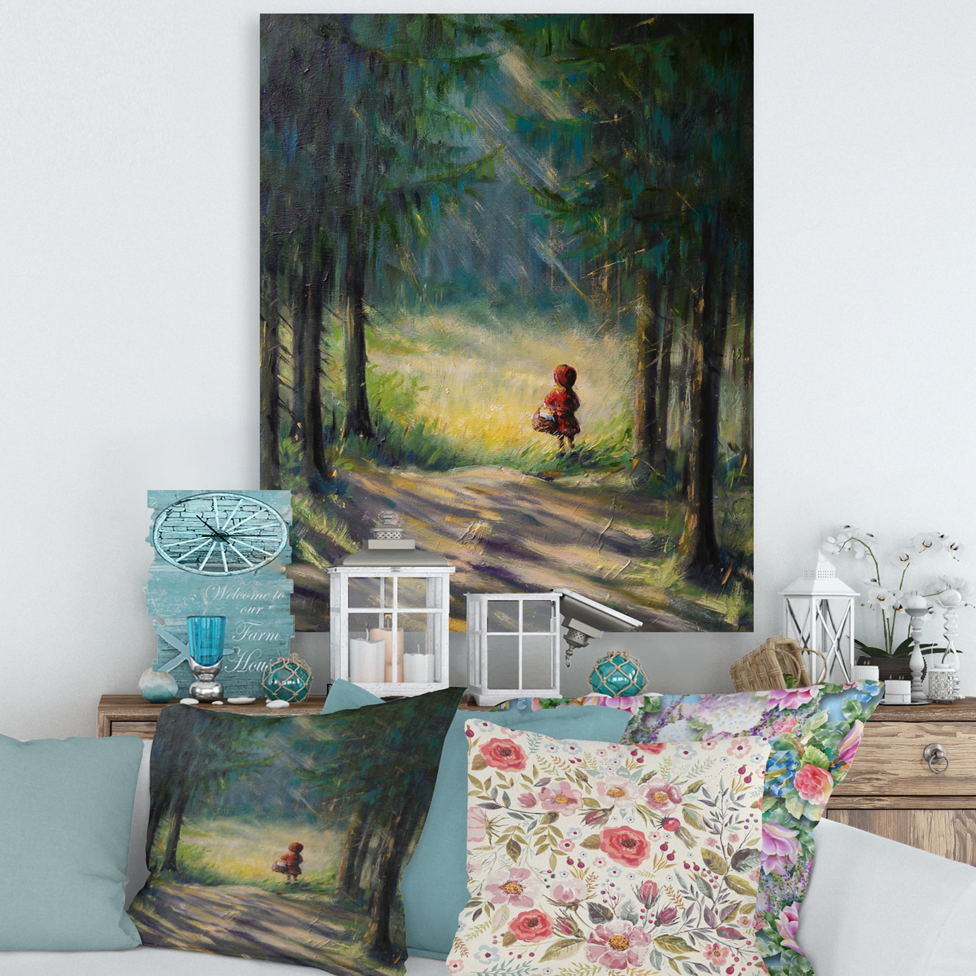 Designart ' Little Red Kid Riding Hood In The Woods ' Traditional Canvas Wall Art Print