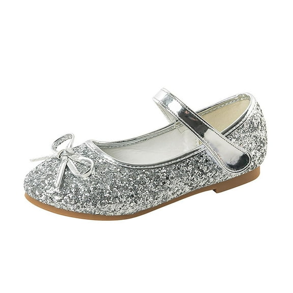 Xiaoxatg Girls Bow Sneakers With Secure Closure Sequined Flat Shoes For Dance Performance And Everyday Wear 11.5-12 Years Silver