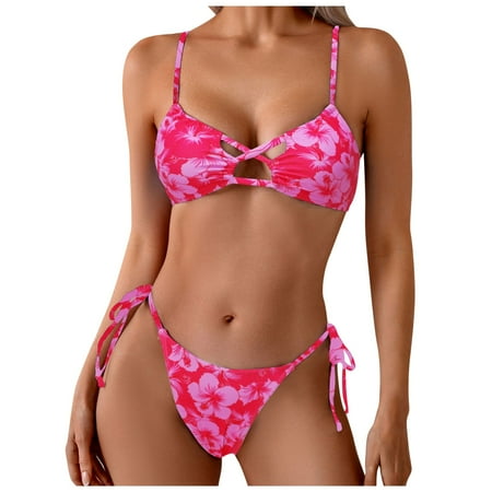 CAICJ98 Bikinis Sets for Women Two Piece Bathing Suits Sexy Textured Halter Padded Bikini Swimsuits Side Tie Thong Bottom Swimwear Pink M