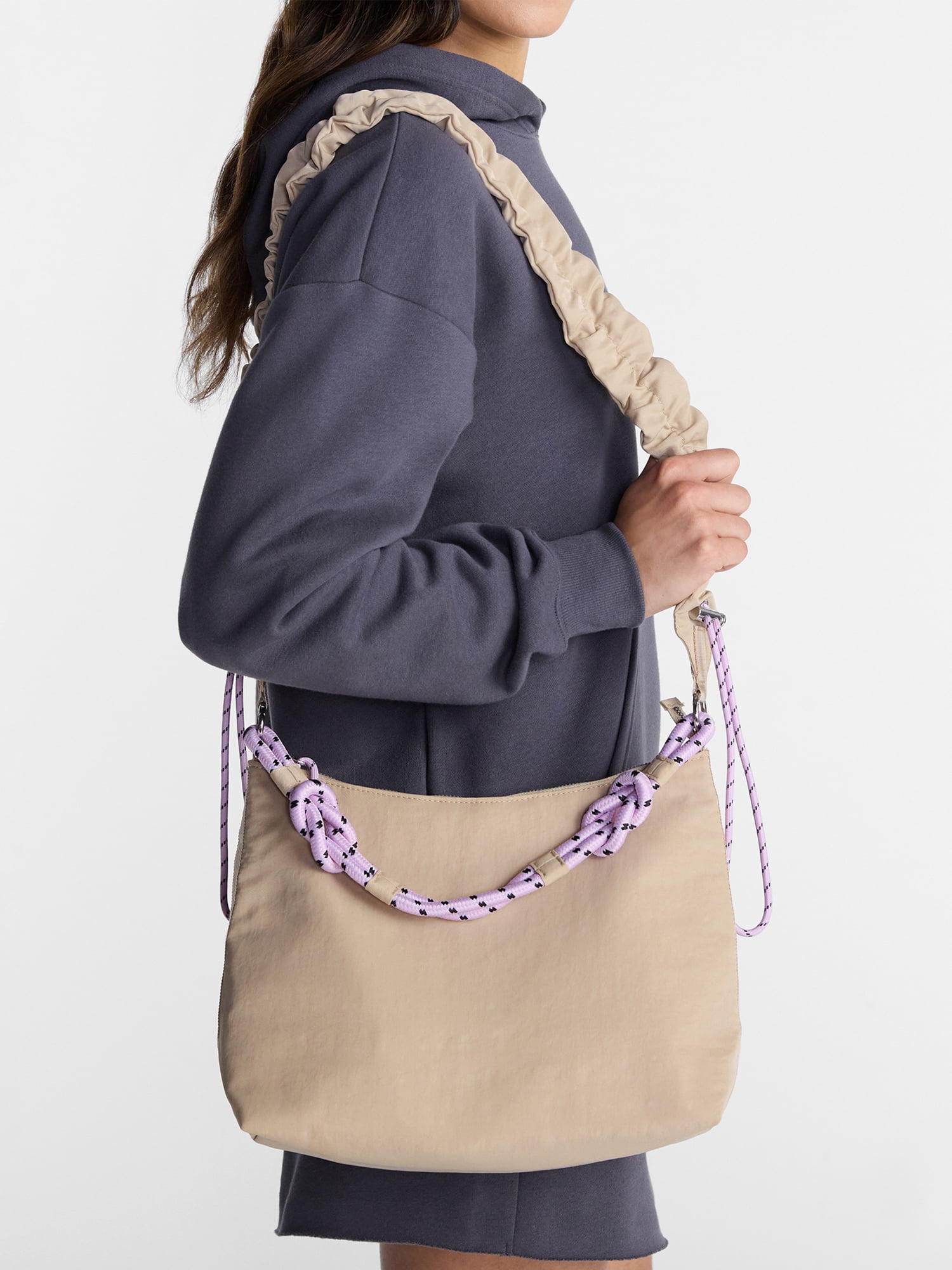 No Boundaries Women’s Medium Nylon Tote with Crossbody Scrunch Strap, Tan
