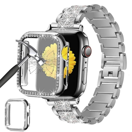Antank Compatible for Apple Watch Series 7 41mm Band with Screen Protector Case Jewelry Replacement Metal Strap & 2-Pack Bling Full Cover Protective Case
