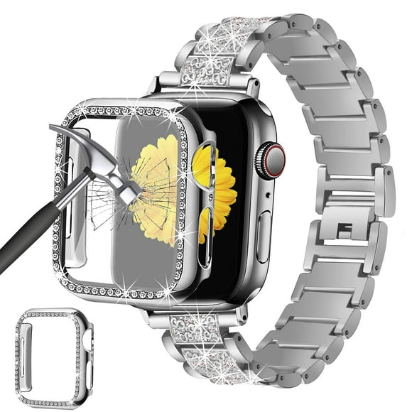 Antank Compatible for Apple Watch Series 7 41mm Band with Screen Protector Case Jewellery Replacement Metal Strap & 2-Pack Bling Full Cover Protective Case